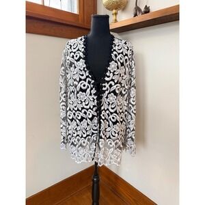 Vintage Floral Embroidered Lace Black White Sheer Cardigan Womens 2XL Whimsigoth